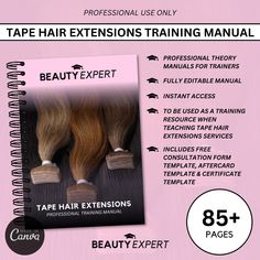 Introducing the ultimate training manual for hair stylist and extension professionals: the Tape Hair Extensions Editable Training Manual. With over 85 pages of in-depth theory content, this manual is your comprehensive guide to teaching the art of tape hair extensions. But that's not all! As a special bonus, we've included free templates for a Consultation Form, Certificate, and Aftercare Card, so you can provide a professional experience from start to finish. IMPORTANT PLEASE READ: This manual Tape Hair Extensions, Extension Training, Training Academy, Tape In Hair Extensions, Certificate Templates, Beauty Expert, Free Templates, Free Consultation, For Hair