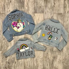 "Custom girls denim jacket designed with your choice of patches. Choose from 3-5 patches of your choice depending on size. If you would like one patch on the front please let me know. Additional patches can be added for $2 each. You can also add letters for an additional $3 each to further personalize your kids jean jacket. All patches are heat pressed to assure longevity. For custom patch requests, you will be able to enter these on the checkout page under \"add an optional note to seller\" . W Customizable Cute Denim Jacket, Customizable Cute Fall Outerwear, Cute Fall Outerwear, Customizable Cute Cotton Outerwear, Cute Customizable Cotton Outerwear, Customizable Long Sleeve Denim Outerwear, Cute Denim Jacket With Patches For Fall, Cute Patched Denim Jacket For Fall, Cute Denim Outerwear With Patches