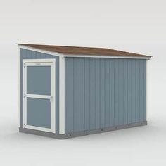 a small blue and white shed with a brown roof on a gray background, it is isolated from the side