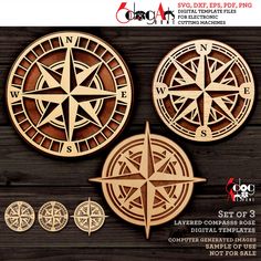 three wooden compasss on a wood background with text that reads, set of 3 lasered compass rose digital templates