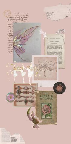 the collage is filled with different items including pictures and paper work on pink background