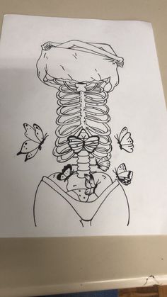 a drawing of a woman's torso with butterflies around it