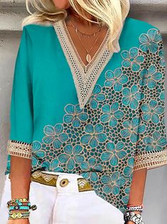 JustFashionNow offers stylish and concessional Shirts.. SPU: 211SH6LB91F, Color: Green, Pattern:Floral, Edition type:Loose. Casual Long Sleeve V-neck Top For Summer, Trendy Long Sleeve V-neck Top For Summer, Blue V-neck Shirt For Summer, Green Printed V-neck Top, Bohemian V-neck Shirt With Floral Print, Trendy V-neck Shirt For Vacation, Casual Printed V-neck Blouse, Casual Printed V-neck Shirt, Casual V-neck Printed Blouse