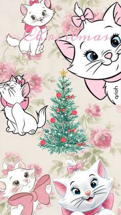 a bunch of cats that are next to a christmas tree with pink flowers on it