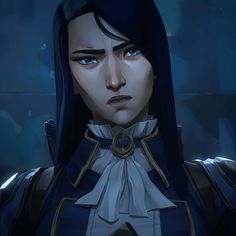 an animated image of a woman with blue eyes and long black hair wearing a white collar