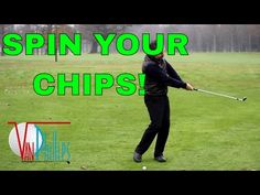 a man hitting a golf ball with the words spin your chips