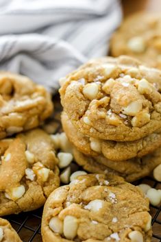 cookies with white chocolate chips on a cooling rack