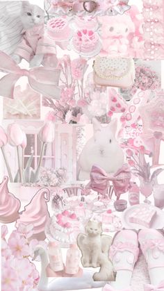 a collage of pink and white items including teddy bears, shoes, flowers, cake and other things