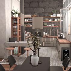 a kitchen with a table, chairs and shelves filled with pots on top of them