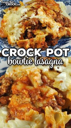 crock pot brownie lasagna on a blue and white plate with text overlay