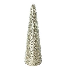 a silver sequined cone shaped christmas tree on a white background with clipping for text