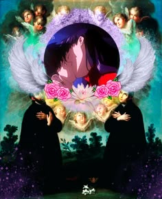 an image of two people with angel wings and flowers in front of them, surrounded by angels