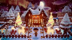 an animated christmas scene with a boy standing in front of a house