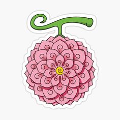 a pink flower sticker with green stems on the top, and a spiral design on the bottom