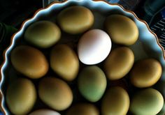 a bowl filled with eggs sitting on top of a table