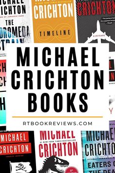 michael crichton books are stacked on top of each other