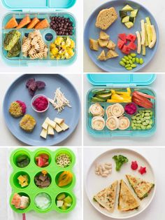 four pictures showing different types of food in plastic trays, including vegetables and fruit