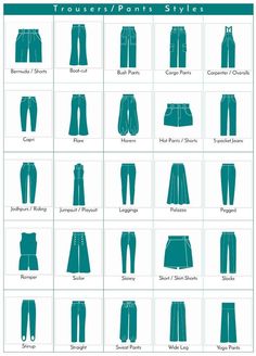 an image of different types of pants and pants for women in various styles, sizes and colors