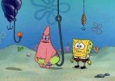 spongebob and patrick under the sea with balloons in the sky behind them,