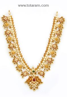 22 Karat Gold "Lakshmi" Long Necklace with Cz , Color Stones,Pearls & Japanese Pearl (Temple Jewellery)
  Length of the Necklace with Pendant : 18.00 inches - 235-GN3281 - in 115.050 Grams for USD $8727.39. 
Made in India by Totaram Jewelers Online this product is in Gold - 22 Karat BIS Hallmark 916 KDM Gold  & is an excellent gift for Adult - Women. Ships fully insured with secured guaranteed delivery for free with your order over $250 from New Jersey USA & comes with 30 days exchan Luxury Gold Temple Necklace For Statement Jewelry, Luxury 22k Gold Temple Necklace For Festive Occasions, Luxury Gold Cutdana Temple Necklace, Luxury Gold Plated Temple Necklace, Luxury Gold-plated Temple Necklace, Luxury Heavy Gold Temple Necklace, Luxury Temple Necklace With Tilla For Rituals, Luxury Gold Temple Necklace With Stone Work, Luxury 22k Gold Temple Necklace With Stone Work