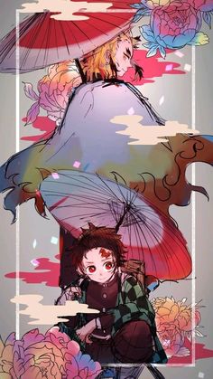 two anime characters with umbrellas and flowers in the background