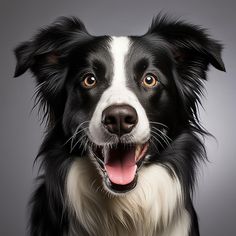 a black and white dog with it's mouth open looking at the camera on a gray background