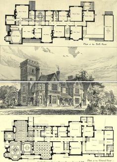 two old houses with different floor plans and elevations, one showing the front and back