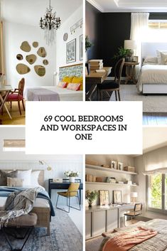 the collage shows different rooms and workspaces in one place, including a bedroom with