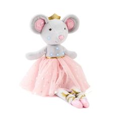 a stuffed mouse in a pink dress with a gold crown