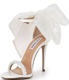 Steve Madden Benni Pearl Embellished Bow Back Dress Sandals | Dillard's Chic Sandals With Bow For Prom, Chic Bow Sandals For Prom, Chic Wedding Sandals For Holiday, Glamorous Pearl-embellished Sandals For Spring, Evening Pearl Embellished Sandals For Spring, Chic Satin Sandals With Bow, Elegant Ankle Strap Sandals With Fabric, Elegant Fabric Ankle Strap Sandals, Elegant Ankle Strap Fabric Sandals