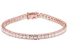 Bella Luce ® white diamond simulant 12.69ctw square, Eterno™ 18k rose gold over sterling silver tennis bracelet. Measures approximately 7.25" or 8"L x 0.13"W and has a hidden box closure. The diamond equivalent weight is 9.18ctw. Formal Rose Gold Cubic Zirconia Tennis Bracelet, Rectangular Rose Gold Cubic Zirconia Jewelry, Rectangular Rose Gold Jewelry With Prong Setting, Rose Gold Tennis Bracelet For Formal Occasions, Rose Gold Fine Jewelry Tennis Bracelet For Formal Occasions, Formal Rose Gold Tennis Bracelet, Fine Jewelry Rose Gold Tennis Bracelet, Silver Tennis Bracelet, Man Made Diamonds