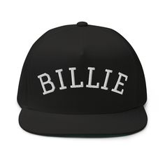 a black baseball cap with the word billie on it's front and side