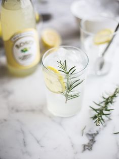 two glasses with lemonade and rosemary garnish sit on a marble counter top