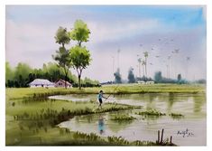 a watercolor painting of a person fishing in a marshy area with palm trees