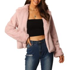 The long-sleeve-cropped coat is a must-have item in women's wardrobes. Pair it with pants for a warm and casual look, and style it with a long dress, or a bodycon dress for a fashionable winter look. The faux fur fluffy jacket features slant pockets, a long sleeve, a full zipper open front, and a standing collar. This notch lapel long-sleeve faux fur fluffy coat is versatile enough to be worn casually with jeans or dressed up for a special event. The fluffy texture of the coat creates a fashiona Fur Jacket Wedding, Womens Cropped Jacket, Cropped Faux Fur Coat, Womens Fasion, Fluffy Jacket, Cropped Coat, Fluffy Coat, Open Front Jacket, Long Sleeves Coats