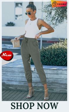 Green Causal Pockets Pants Pockets Pants, Pocket Pants, On Sale, Free Shipping, Pants, Green, Trousers