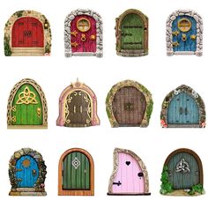 an assortment of different colored doors in the shape of fairy houses with locks and gates