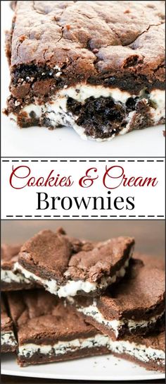 cookies and cream brownies are stacked on top of each other with the words cookies and cream