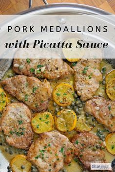 pork medallions with pistaata sauce in a skillet