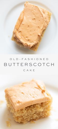 two pieces of cake sitting on top of a white plate next to each other with the words old fashioned butterscotch cake