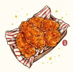 an illustration of some fried food on a plate with a red and white striped napkin