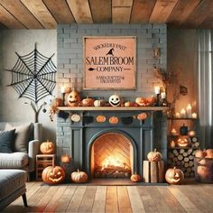 a living room decorated for halloween with pumpkins and candles on the fireplace, spider web