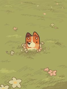 a dog is laying in the grass with flowers