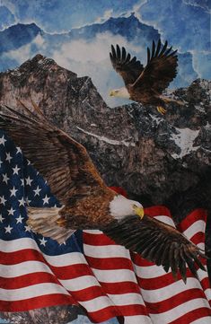 an eagle flying over the american flag with mountains in the background