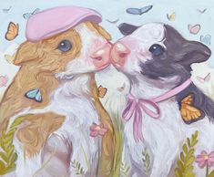 a painting of two puppies kissing each other with butterflies flying around the dog's head