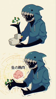 two images of a man in a blue hoodie holding a computer mouse and looking at a brain