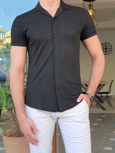 Mantova Black Slim Fit Short Sleeve Shirt-baagr.myshopify.com-Shirt-BOJONI How To Wear Shirt, Shirt With Tie, Casual Shorts Men, Black Short Sleeve Shirt, Code Black, Best Mens Fashion, Mens Fashion Classy, Shirt Dress Casual, Men Shirt Style