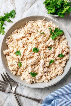 a bowl filled with shredded chicken and garnished with cilantro on the side