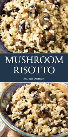 mushroom risotto in a bowl with mushrooms on top and the title above it