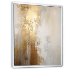 an abstract painting with gold and white colors on the canvas, framed in wood frame